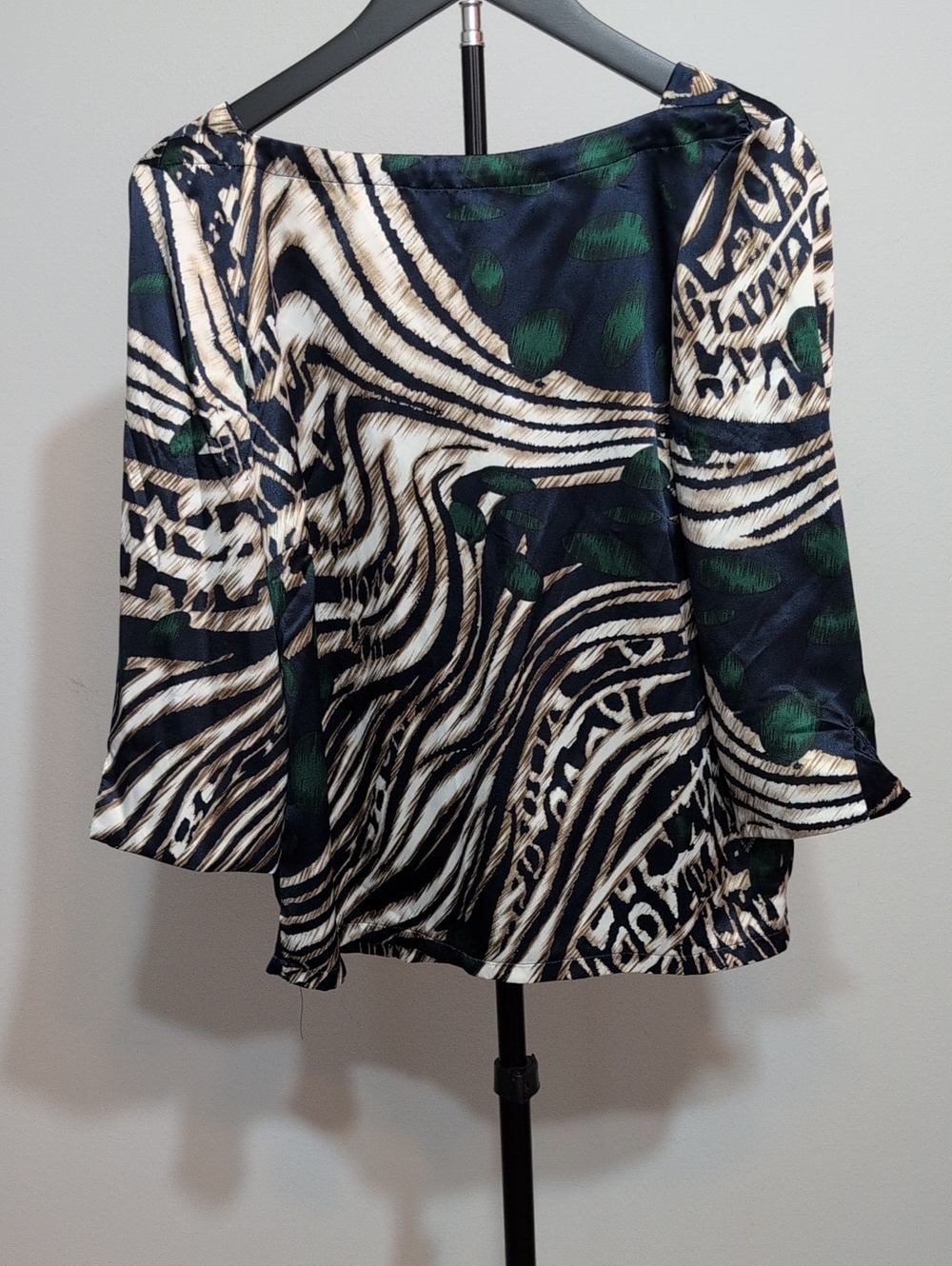 Printed Bell-Sleeve Blouse in Black, Cream & Green
